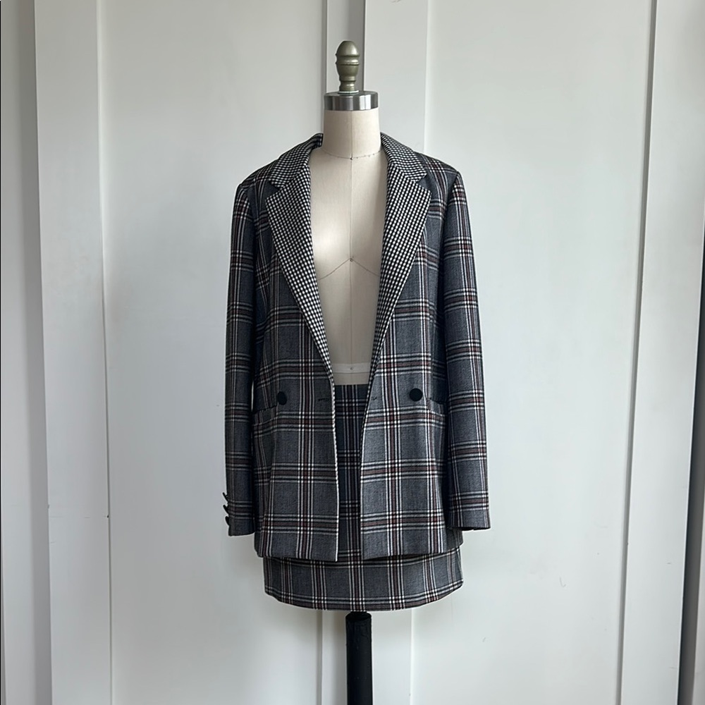 Plaid Blazer and Skirt Set